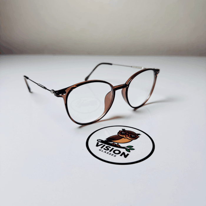 Mocha Kahverengi Yuvarlak Hafif Metal Saplı Unisex Şeffaf Camlı Mavi Işık Koruyucu Gözlük - Görsel 1