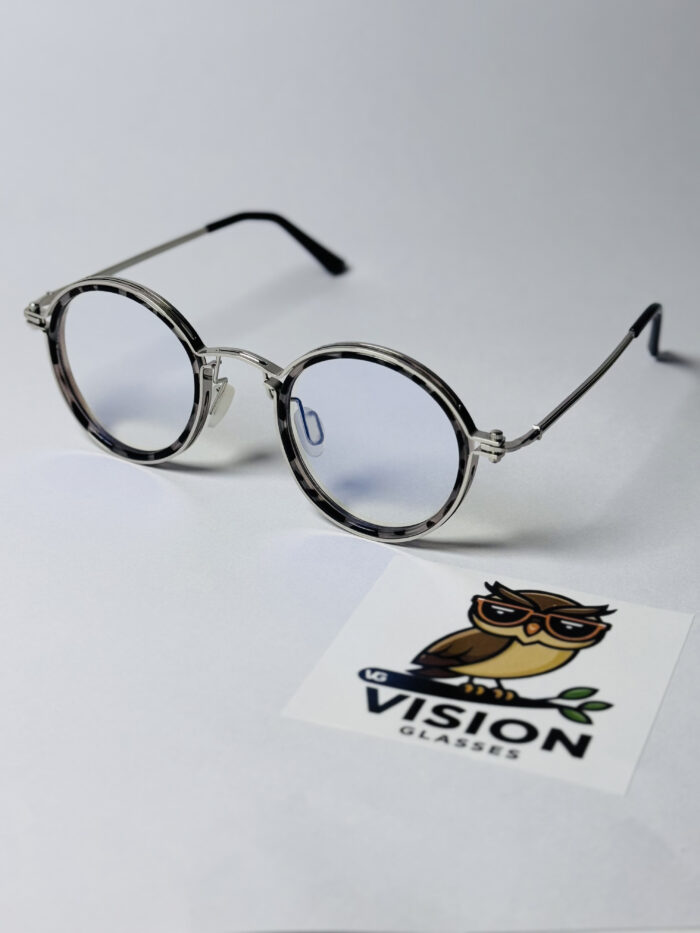 Desenli Yuvarlak Metal Unisex Şeffaf Camlı Mavi Işık Koruyucu Gözlük - Görsel 1